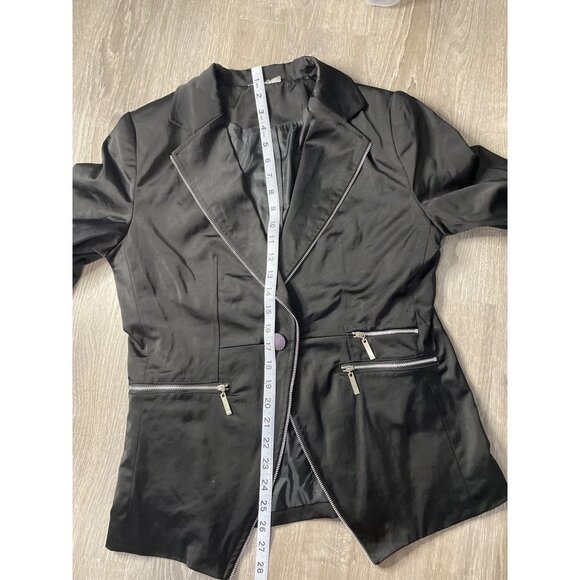 Black Satin Jacket with Zipper Details and Ruched Sleeves - Picture 7 of 9